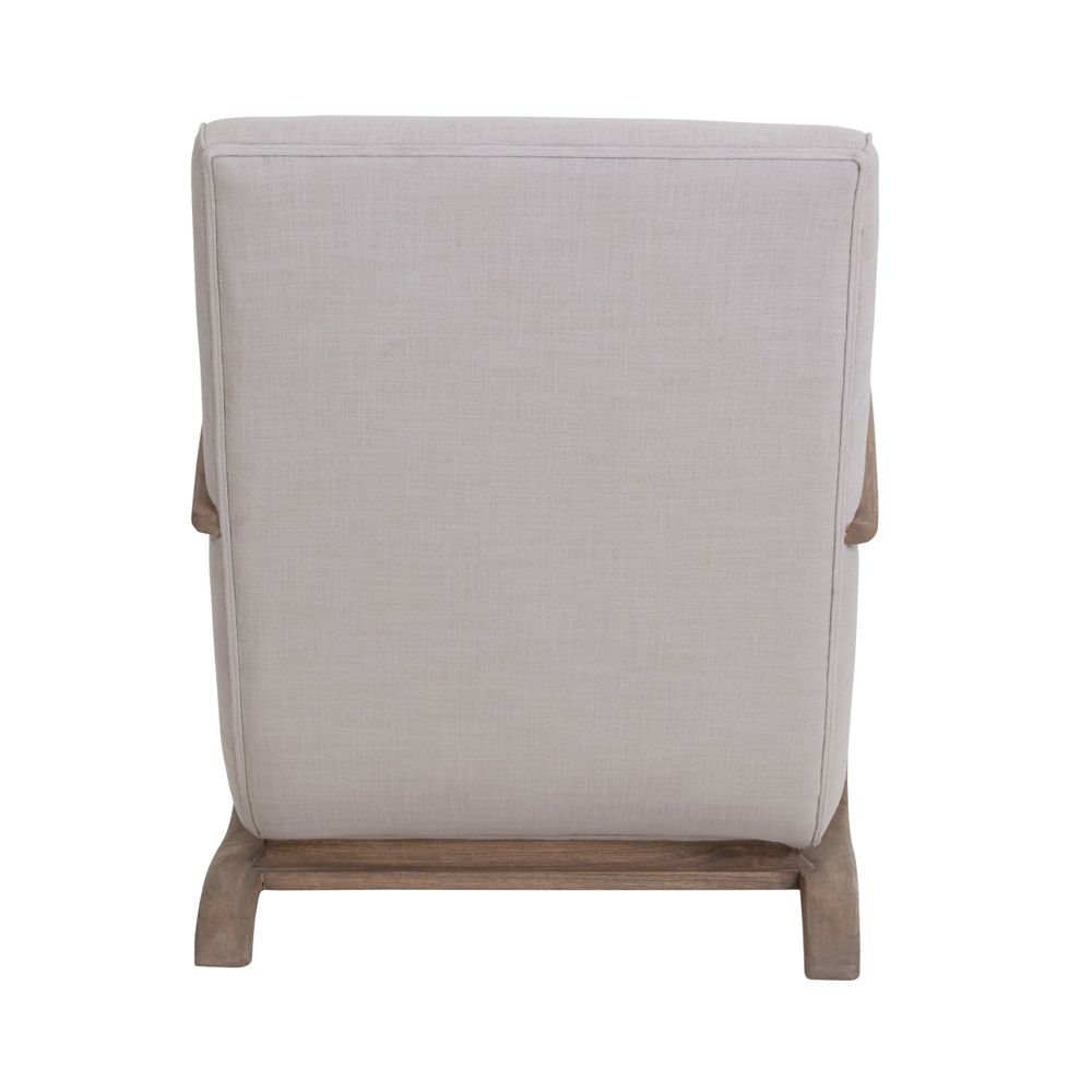 A stylish grey upholstered armchair with a natural mindi wood frame
