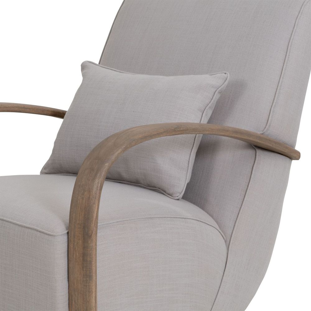 A stylish grey upholstered armchair with a natural mindi wood frame