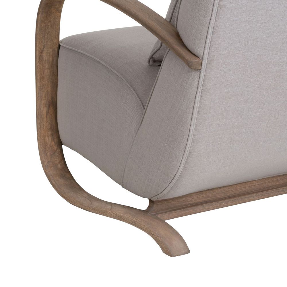 A stylish grey upholstered armchair with a natural mindi wood frame