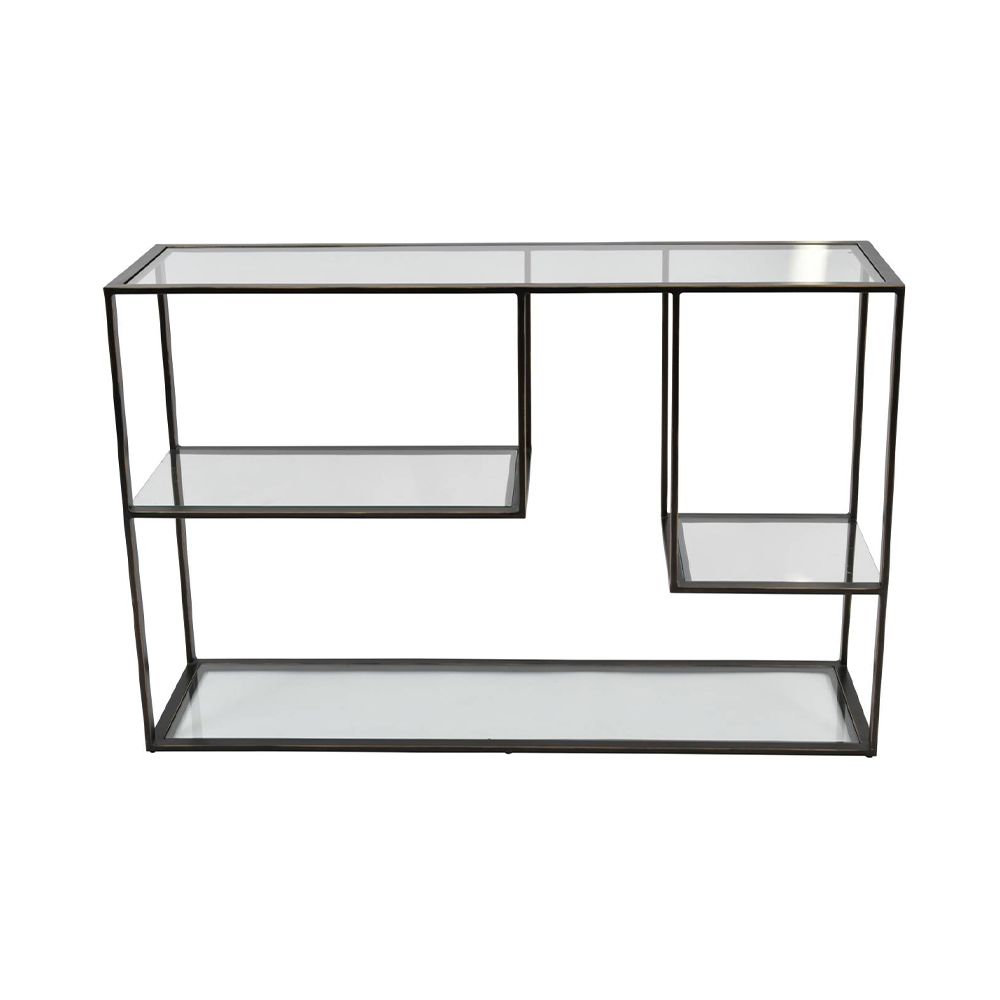 A contemporary console table with a unique design and differing shelf heights
