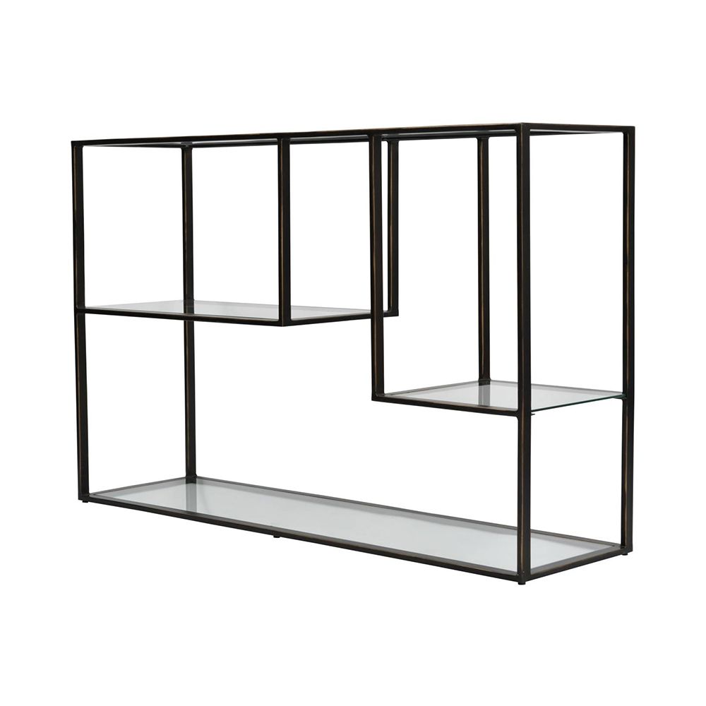 A contemporary console table with a unique design and differing shelf heights