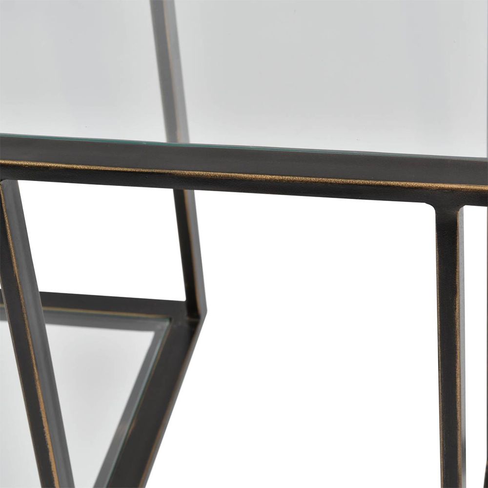 A contemporary console table with a unique design and differing shelf heights