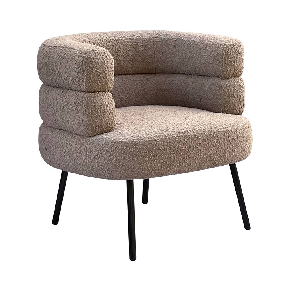 A Mid-Century Modern armchair with Art-Deco influences, a stylish silhouette and a taupe bouclé upholstery 