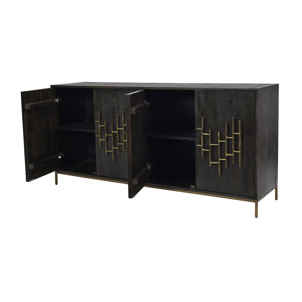natural dark wooden sideboard with brass detailing
