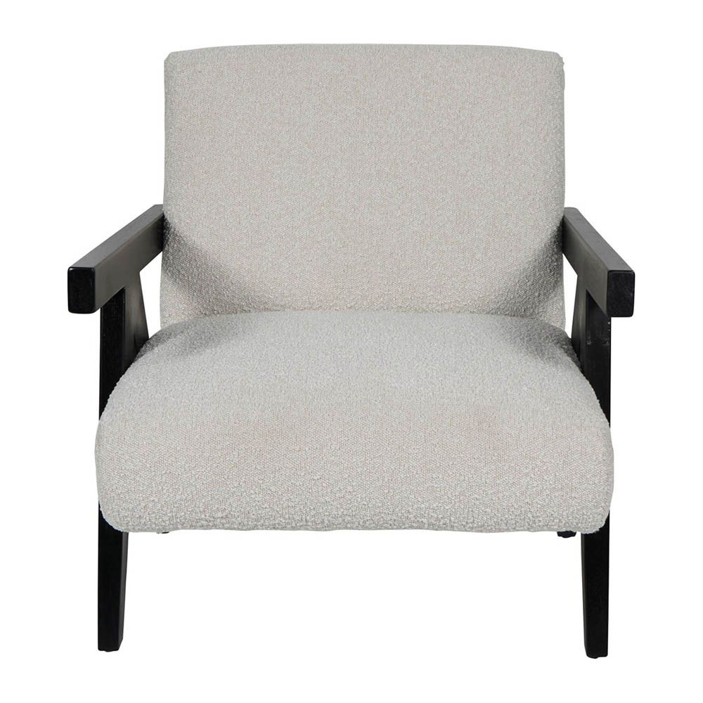 Minimal boucle upholstered armchair with black armrests