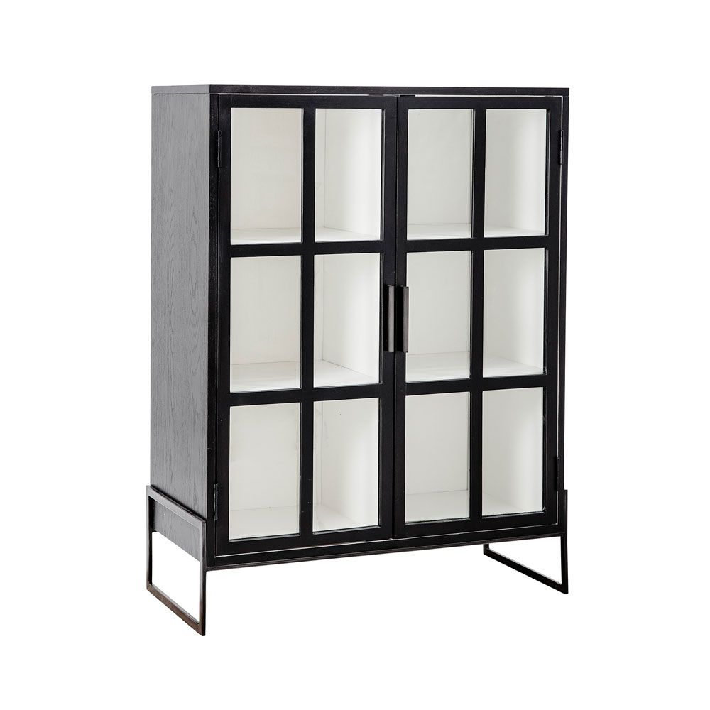 A chic, industrial-style display cabinet with a black oak and metal finish