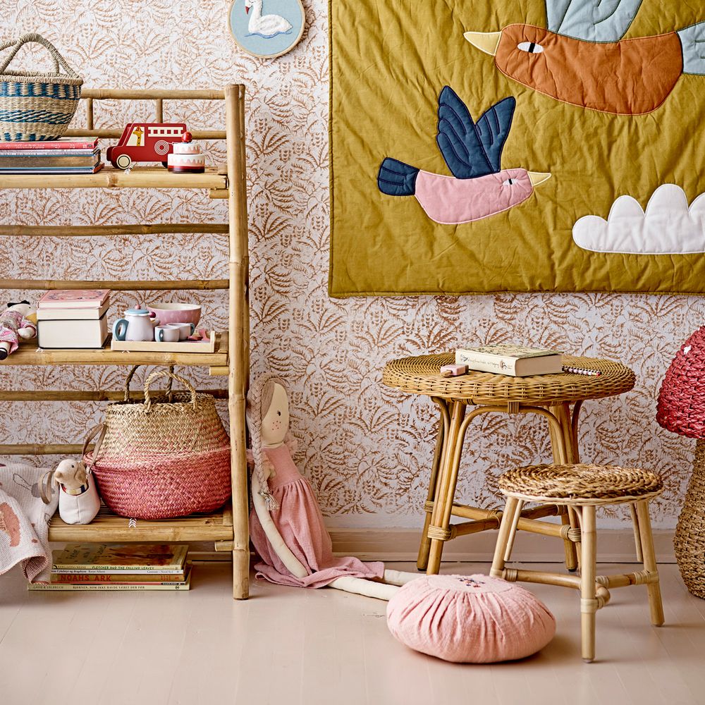A natural banana palm bark and rattan kids stool 