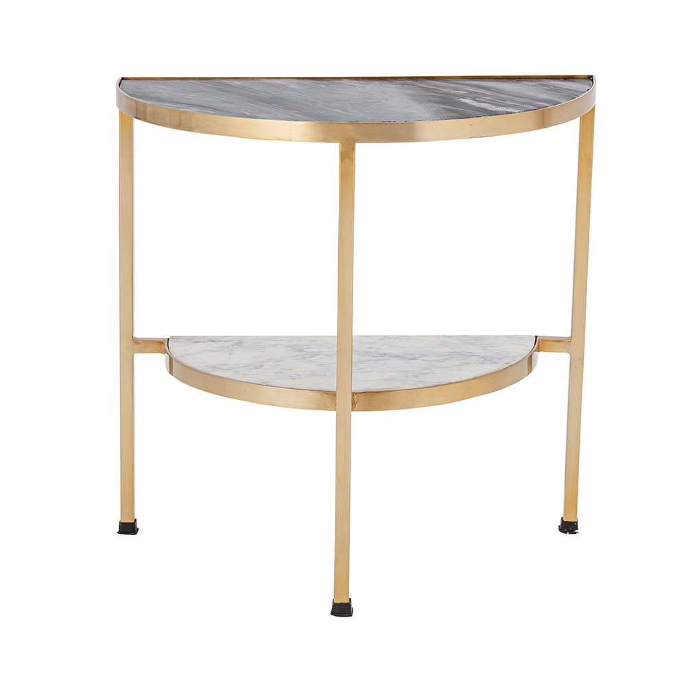 Elegant two-tiered grey and white marble side table with brass frame 