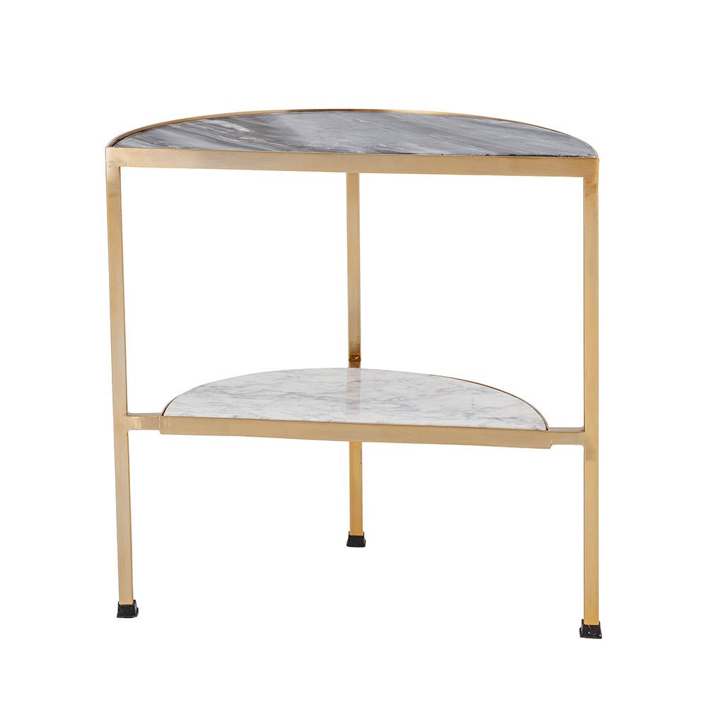 Elegant two-tiered grey and white marble side table with brass frame 
