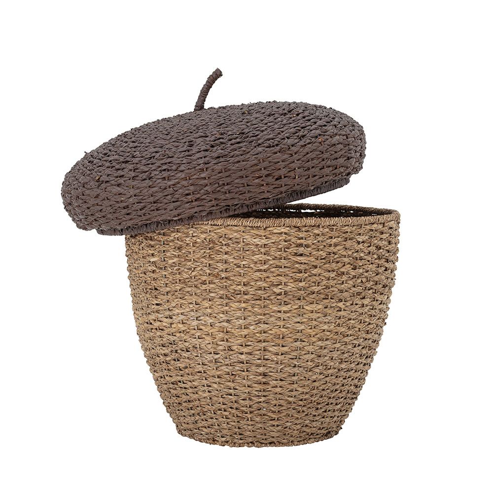 A children's storage basket which resembles an acorn with a natural seagrass and rattan finish