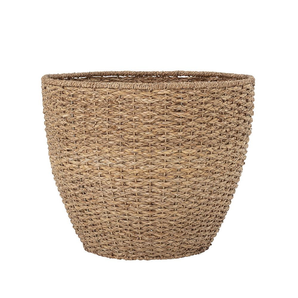 A children's storage basket which resembles an acorn with a natural seagrass and rattan finish