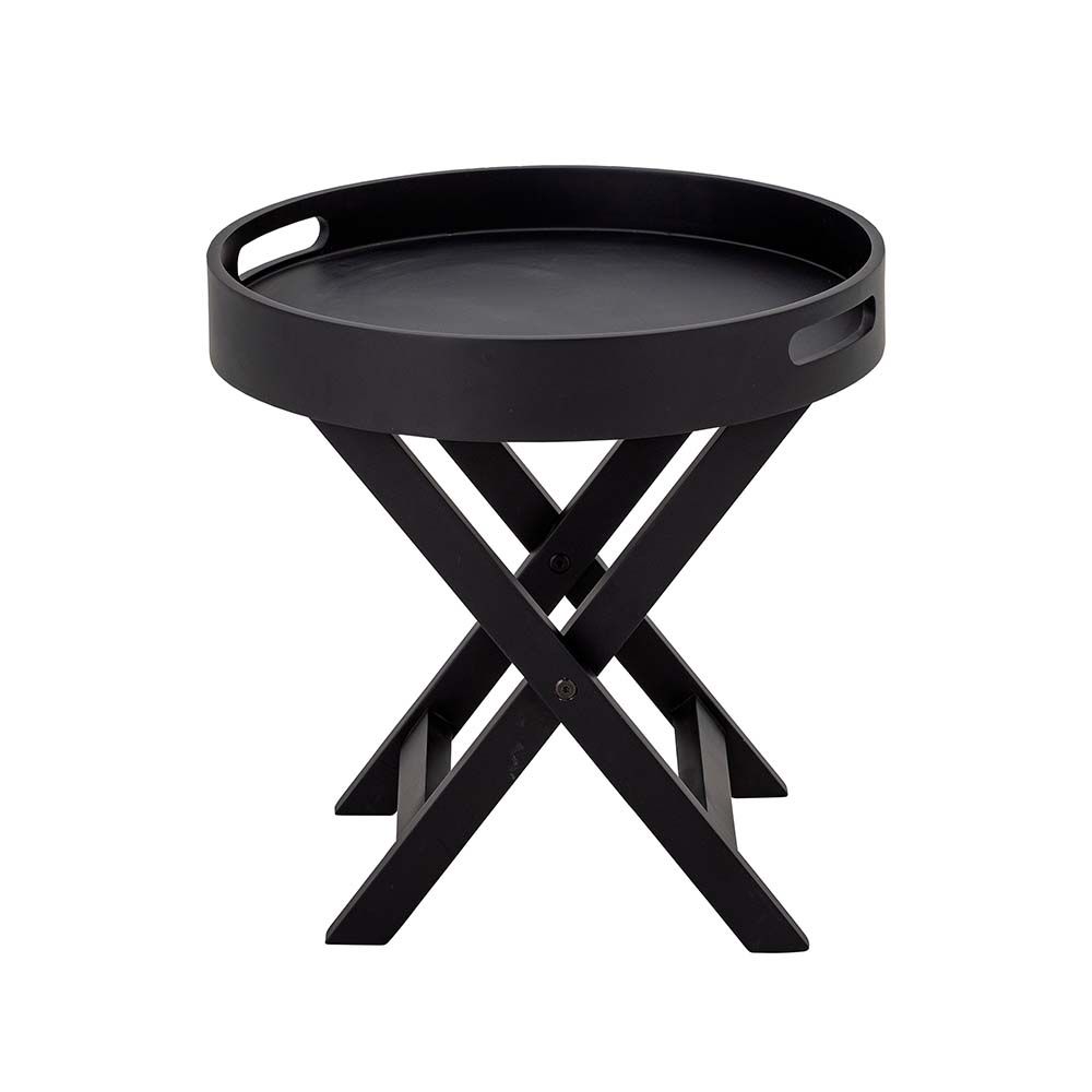 A sleek and simple black side table with removable tray top and criss cross black legs