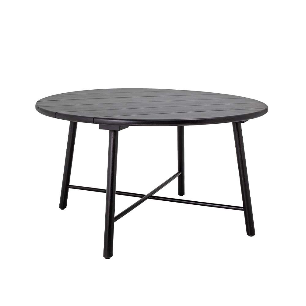 A sophisticated, rounded dining table made from black stained acacia wood