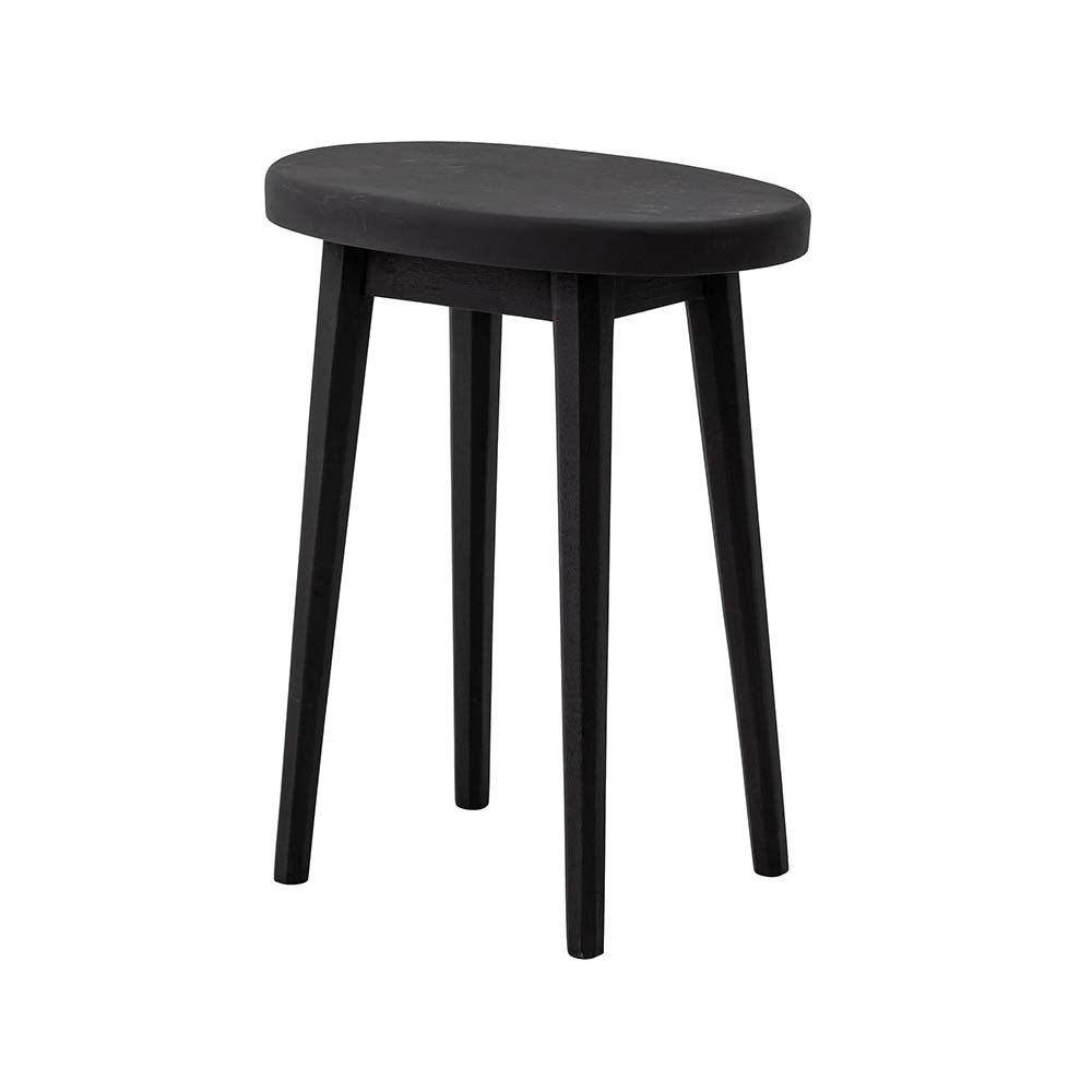 A black ovular shaped, side table crafted from mango wood