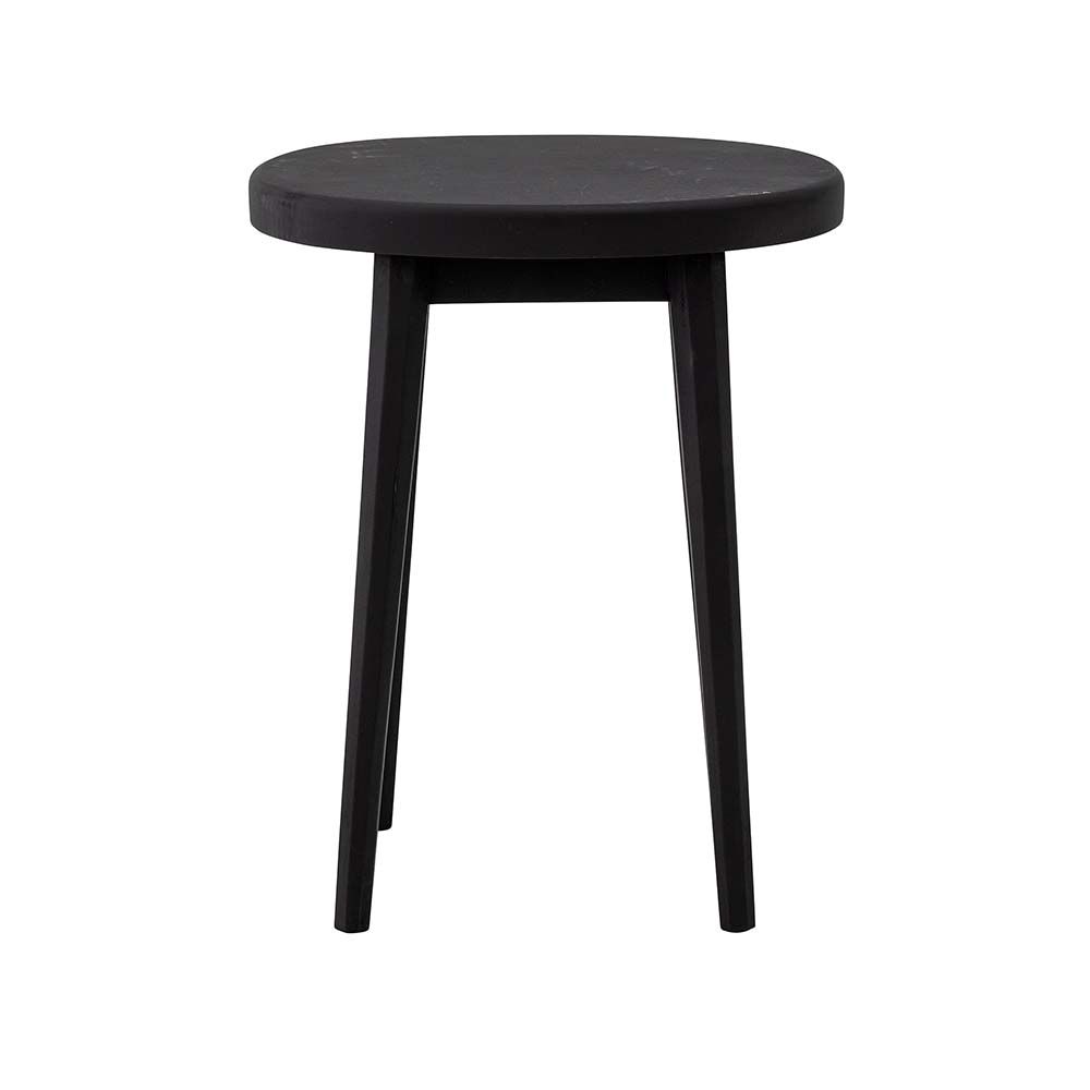 A black ovular shaped, side table crafted from mango wood