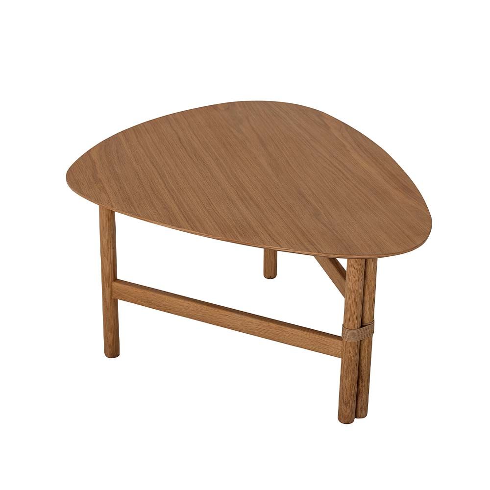 A simplistic coffee table with rope details and an organic shaped top
