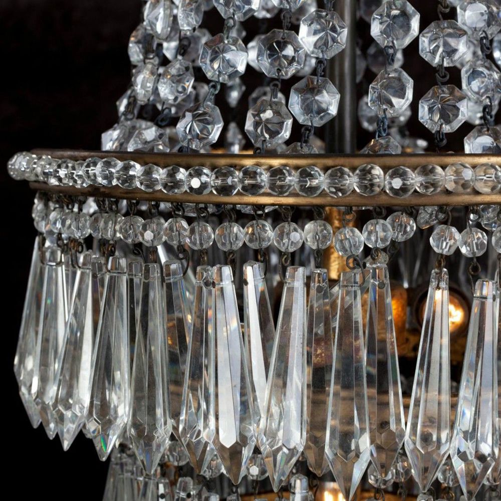 Cascading, hung glass crystals and beading, antique finish chandelier