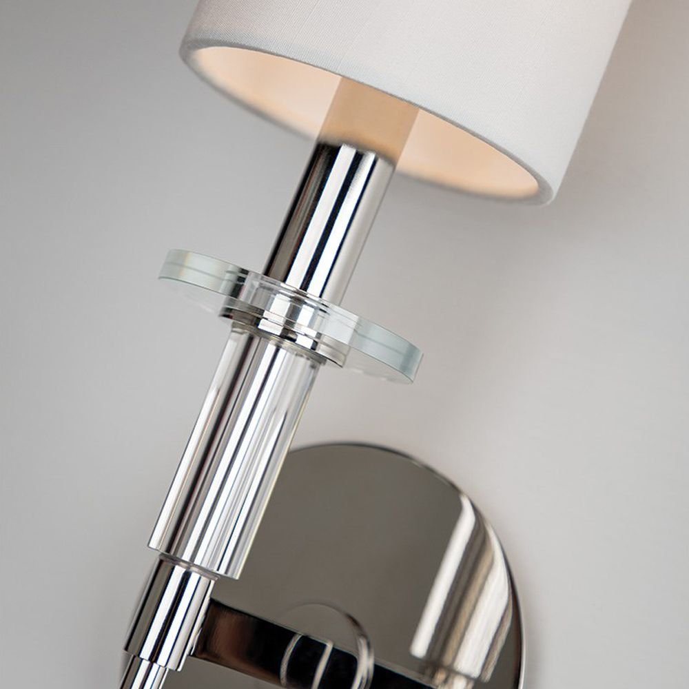 A sophisticated contemporary-style wall sconce in polished nickel with an off white shade