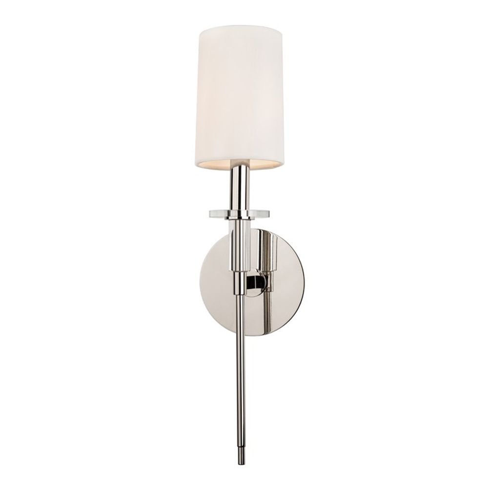A sophisticated contemporary-style wall sconce in polished nickel with an off white shade