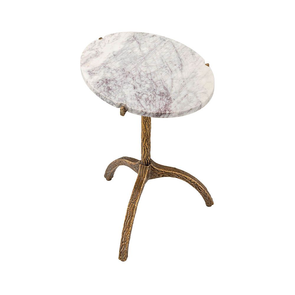 Poised and elegant side table with tripod design legs in textured brass finish with a round white marble top 