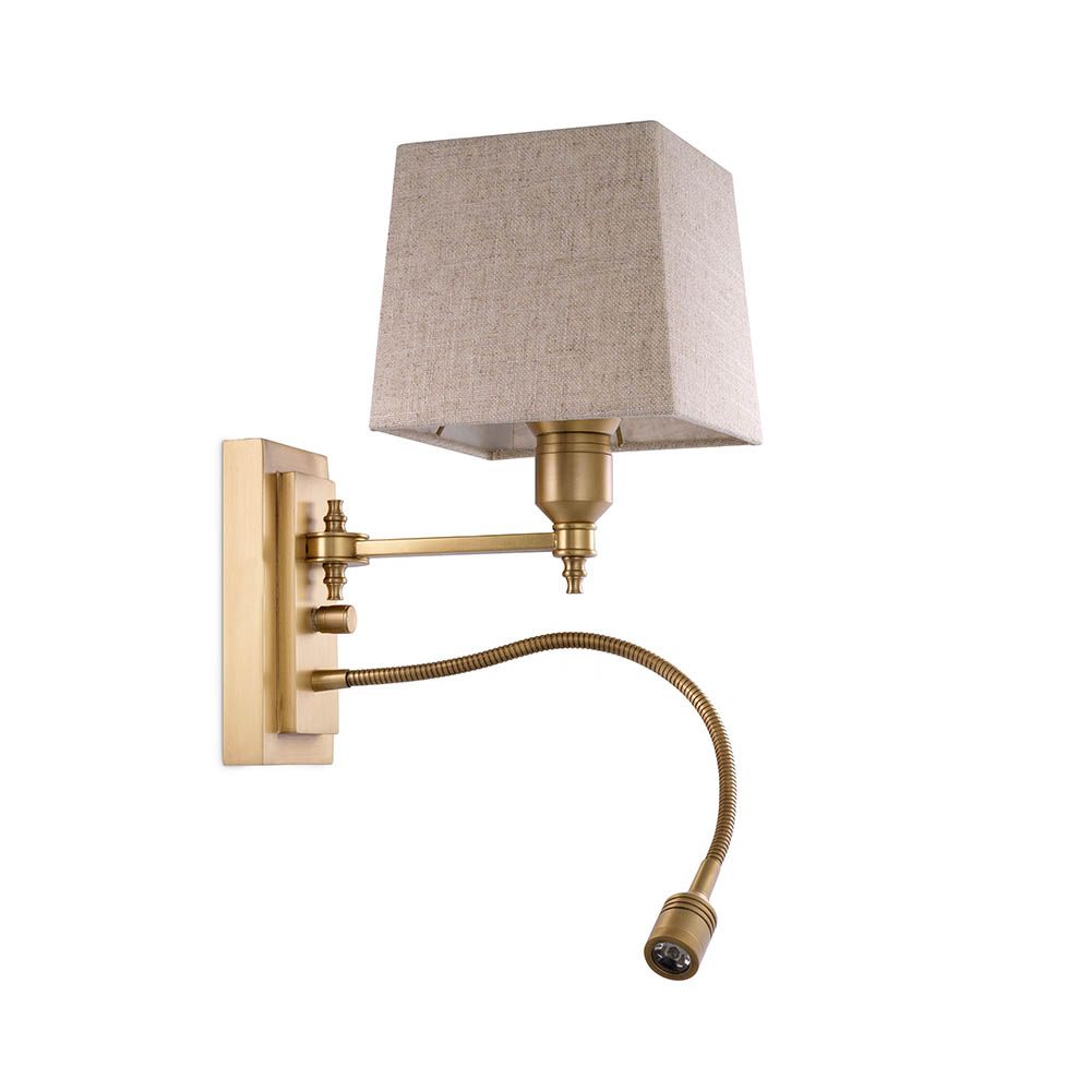 Elegant wall lamp with reading light on vintage brass base with square linen shade