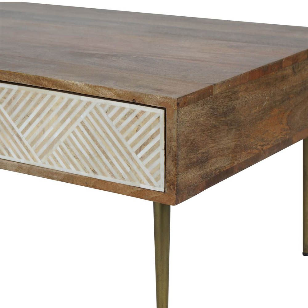 stunning natural wood coffee table with a drawer for extra storage and decorative detailing