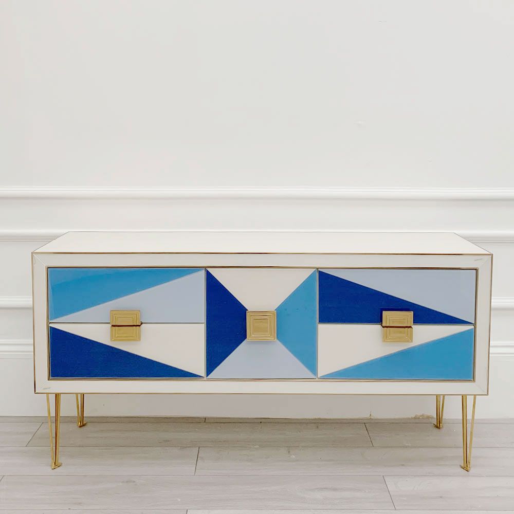 Glamorous geometric design credenza with blue glass shapes