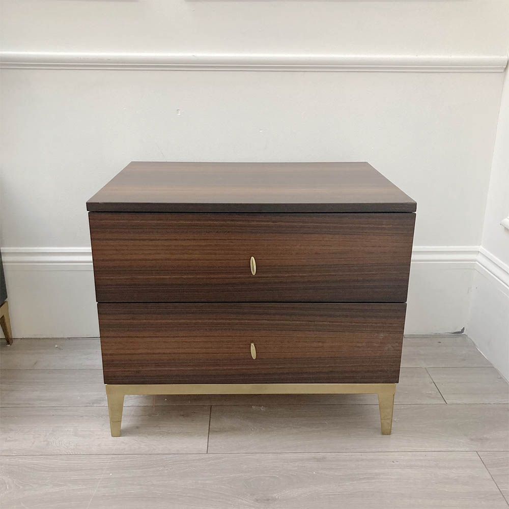 Smoked oak bedside table with two drawers and gold accents