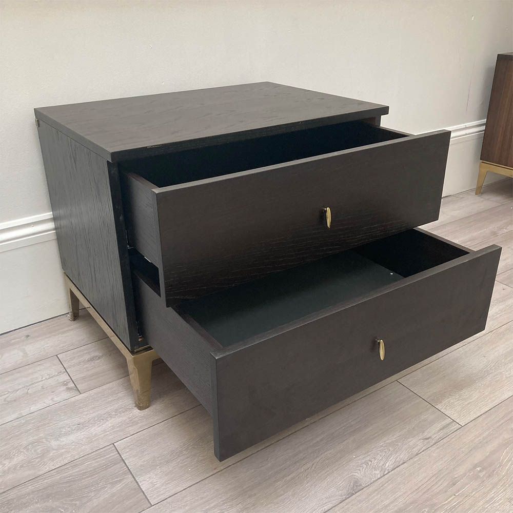 Walnut Matte bedside table with two drawers and gold accents