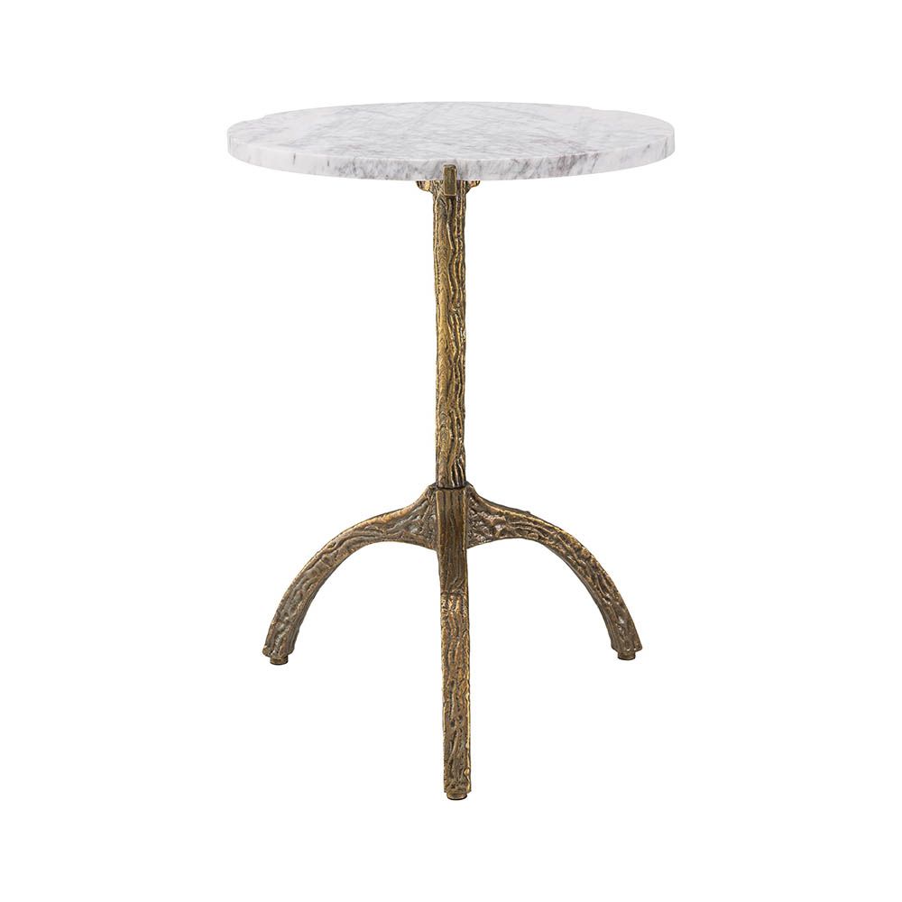 Poised and elegant side table with tripod design legs in textured brass finish with a round white marble top 