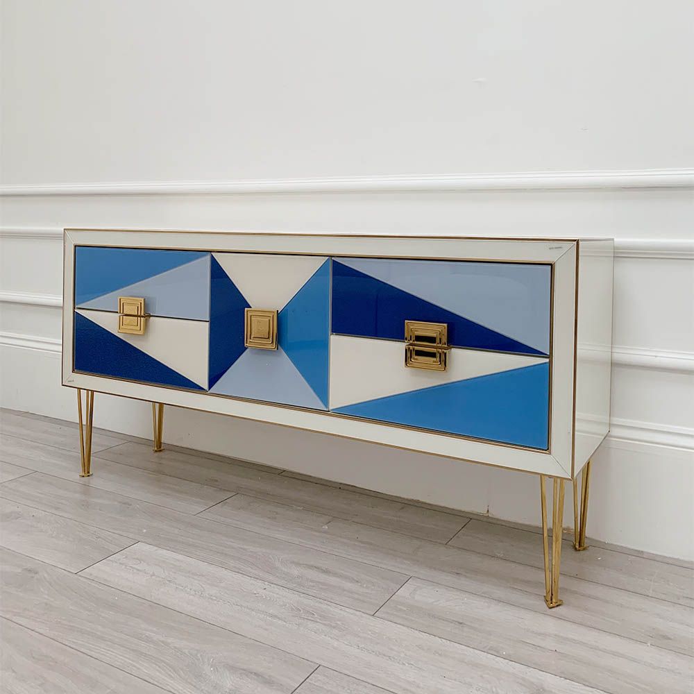 Glamorous geometric design credenza with blue glass shapes