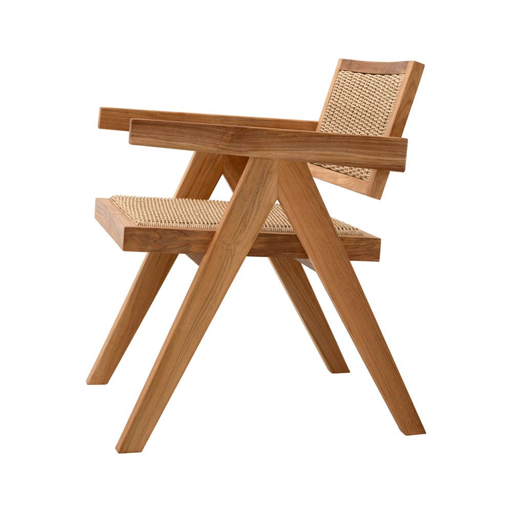 Woven backrest and wooden frame dining chair for indoor and outdoor use