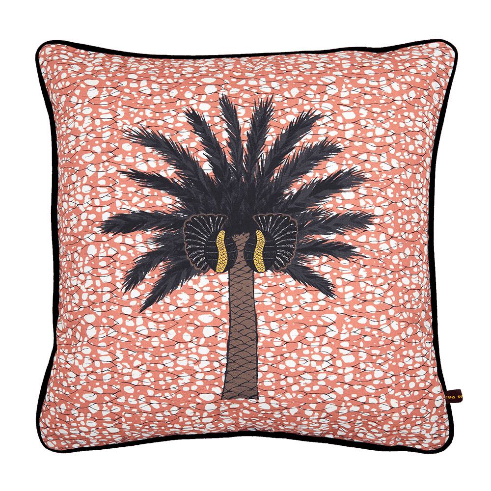 Exuberant tropical design cushion with copper coloured background