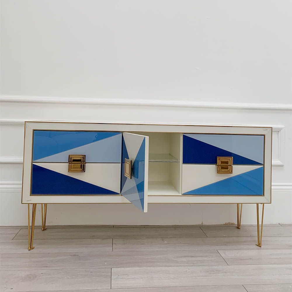 Glamorous geometric design credenza with blue glass shapes
