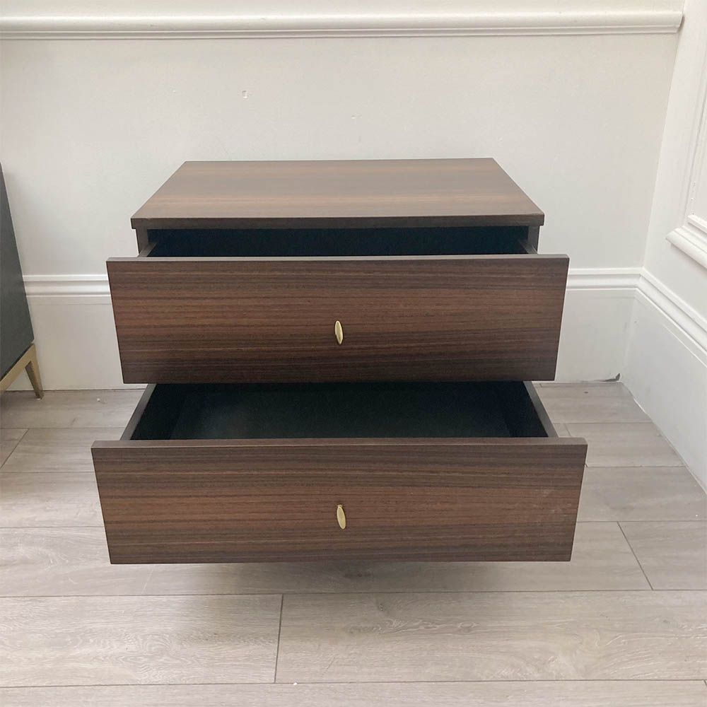 Smoked oak bedside table with two drawers and gold accents
