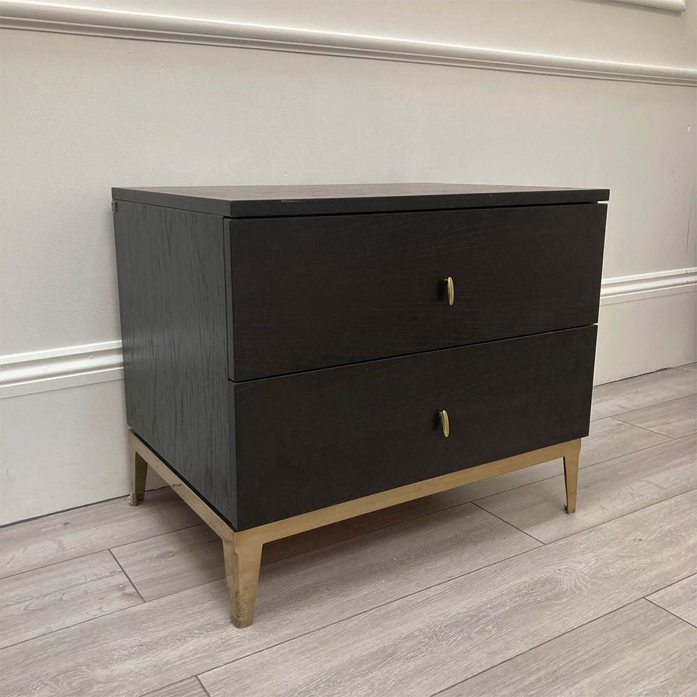 Walnut Matte bedside table with two drawers and gold accents
