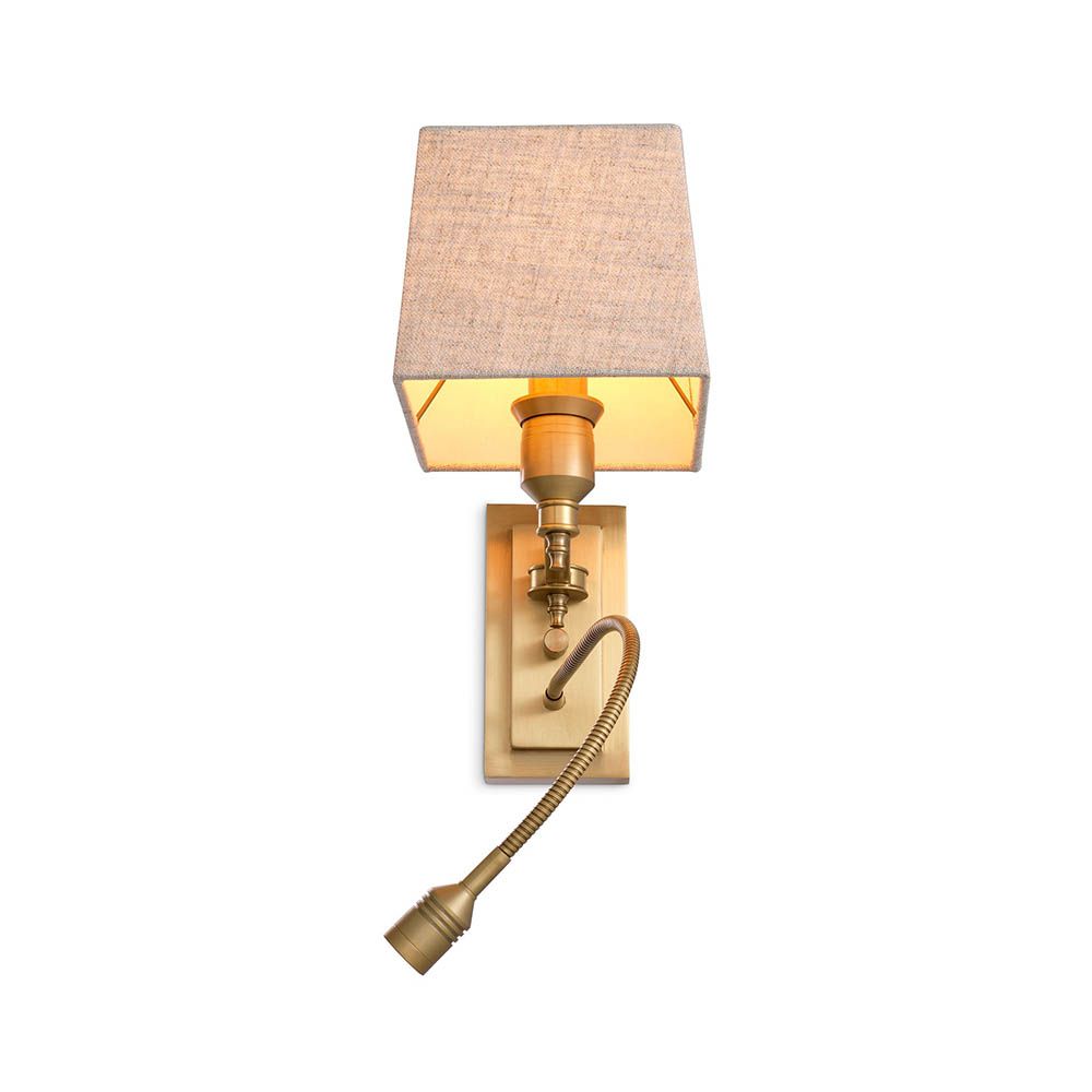 Elegant wall lamp with reading light on vintage brass base with square linen shade