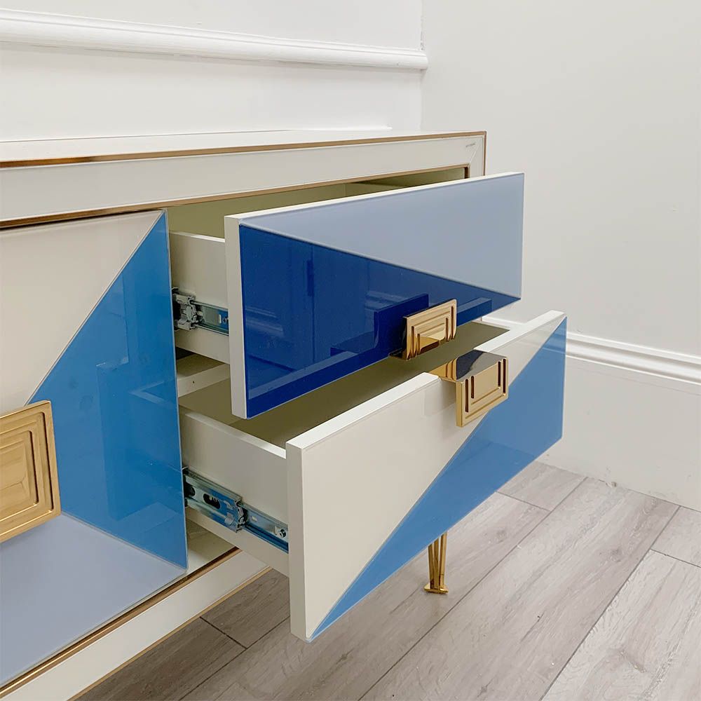 Glamorous geometric design credenza with blue glass shapes