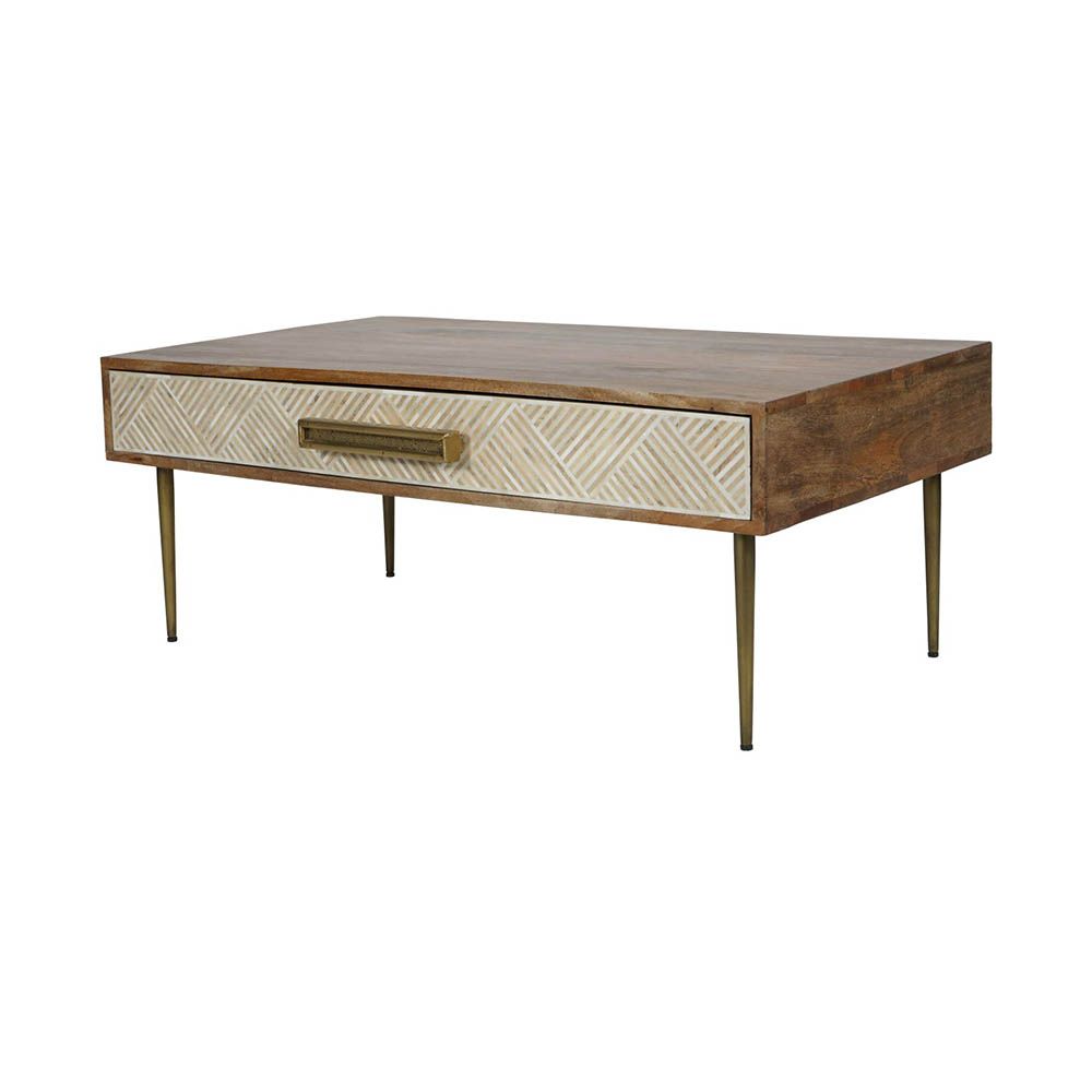 stunning natural wood coffee table with a drawer for extra storage and decorative detailing