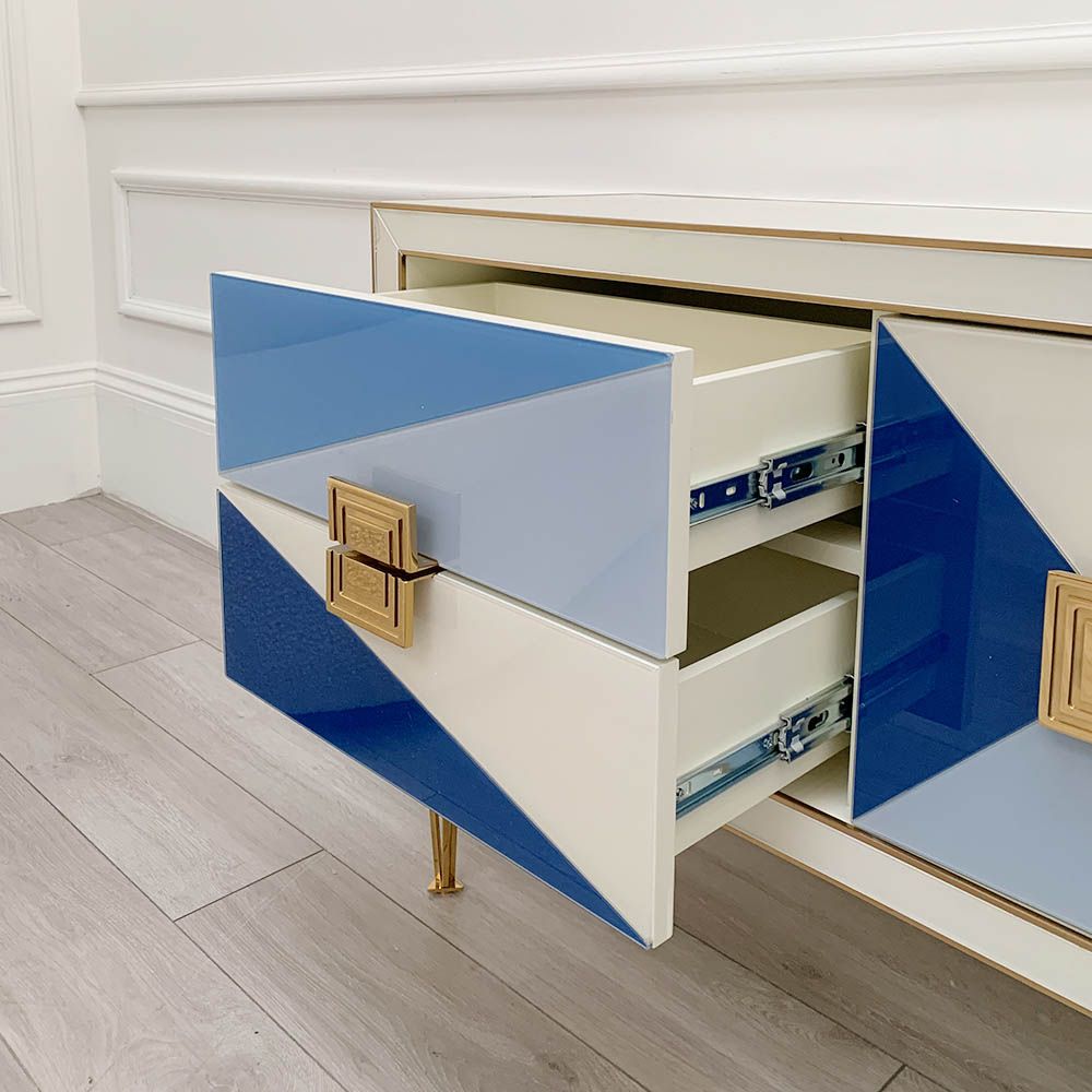 Glamorous geometric design credenza with blue glass shapes