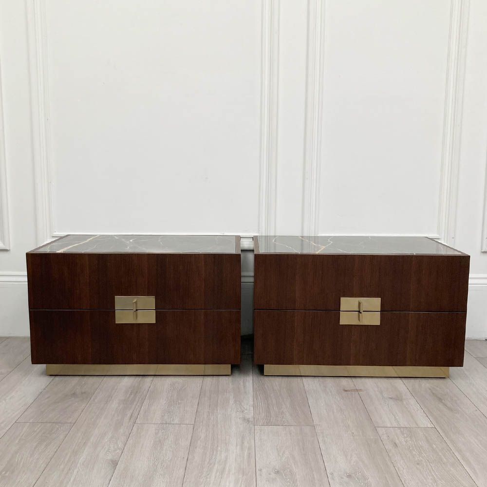 Light brown bedside table with two drawers, brass details and a marble top