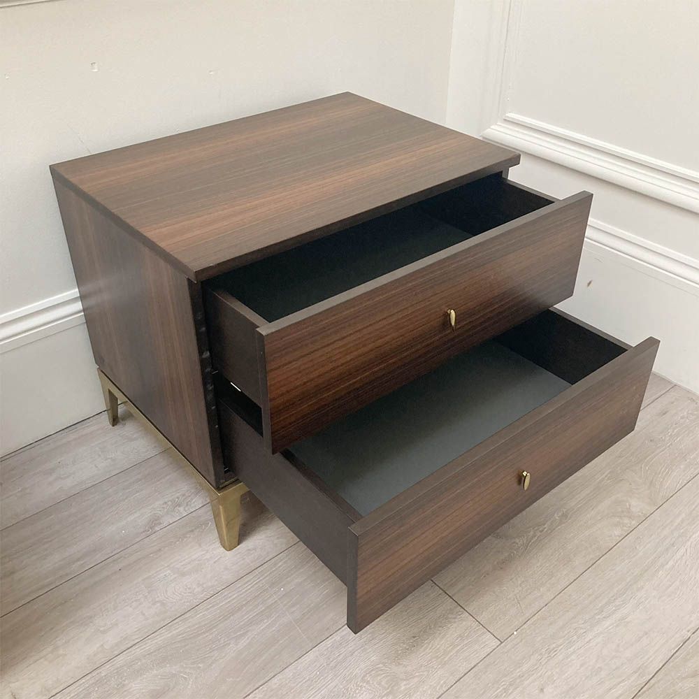Smoked oak bedside table with two drawers and gold accents