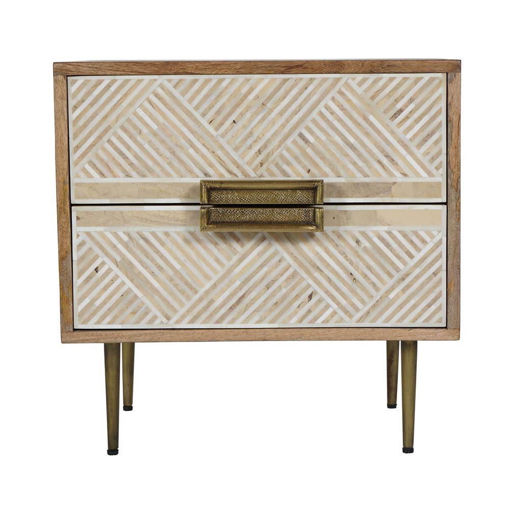 stunning natural wood bedside table with two drawers and decorative detailing