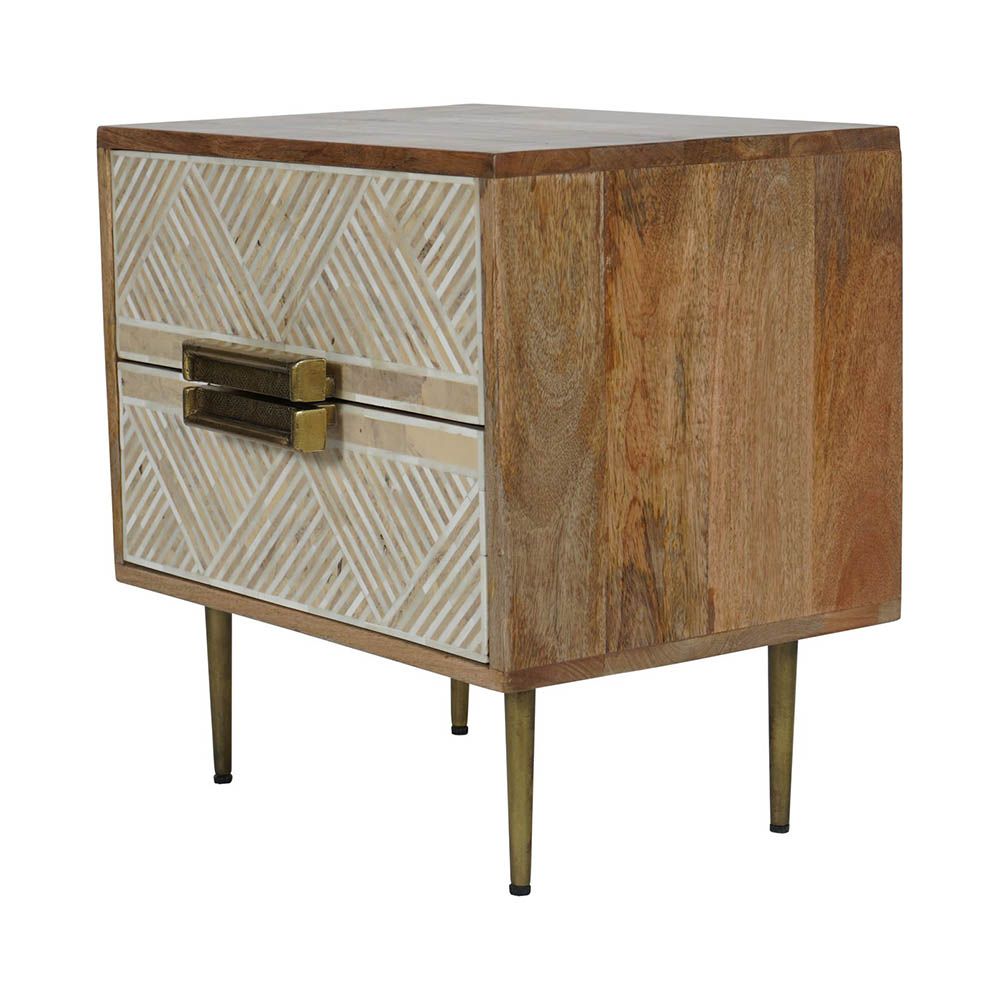 stunning natural wood bedside table with two drawers and decorative detailing