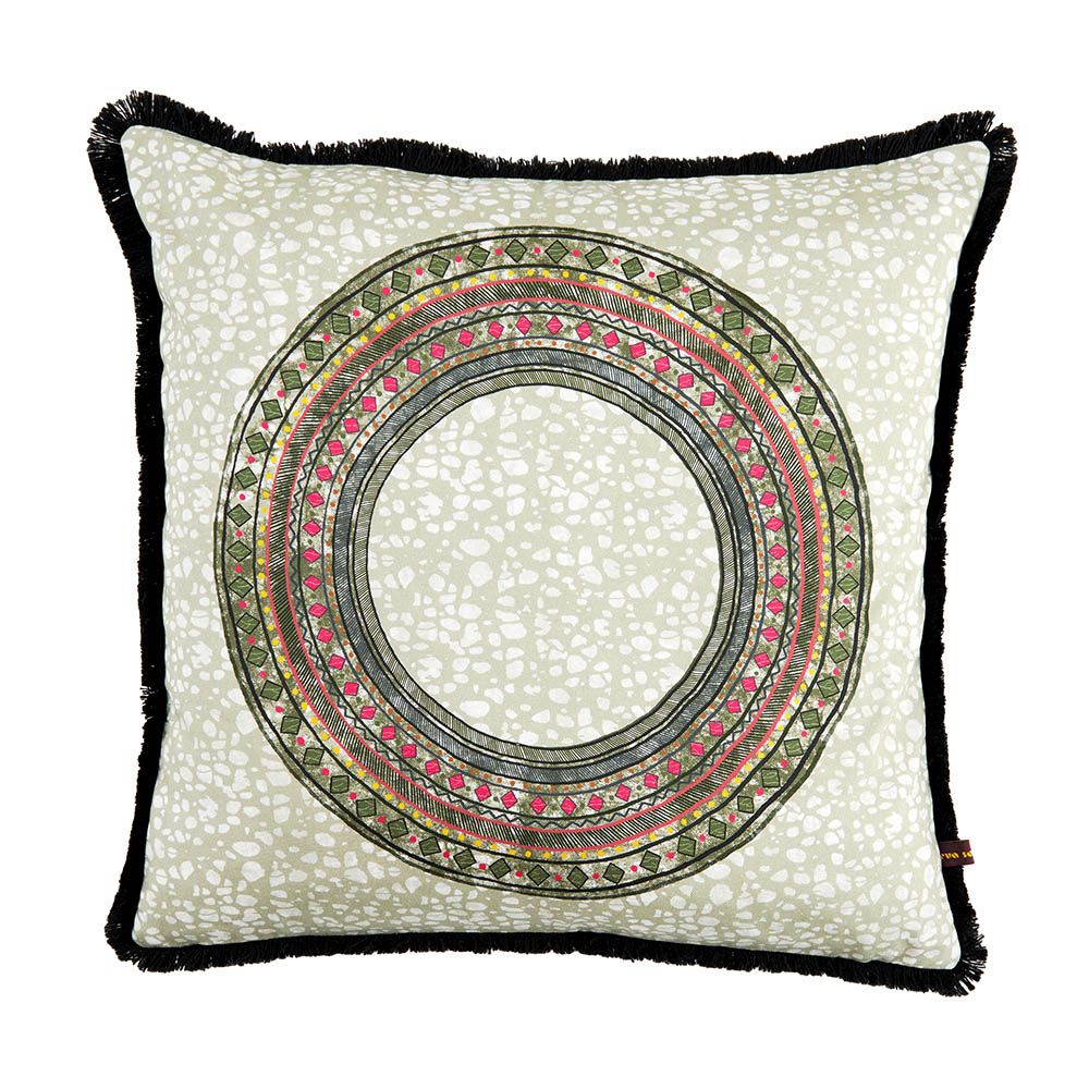 A luxury cushion by Eva Sonaike with a khaki African-inspired pattern and fringing