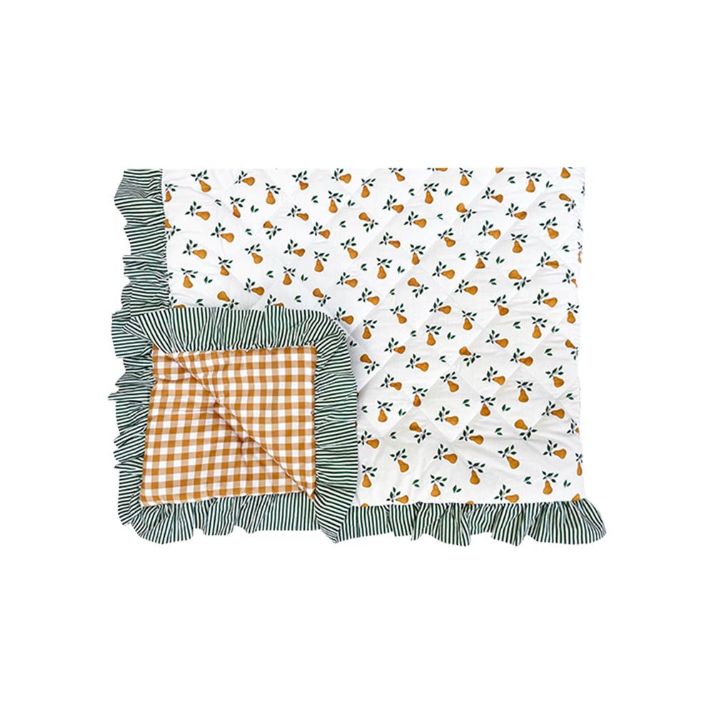 kids quilt and cushion set with blueberry design and ruffled striped edges