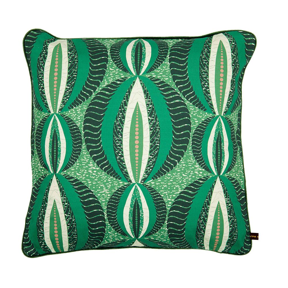 Striking cushion with mesmerising green printed pattern 