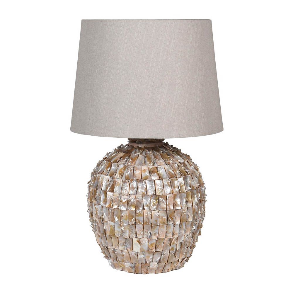 Gorgeous side lamp with mother of pearl effect base and linen shade. 