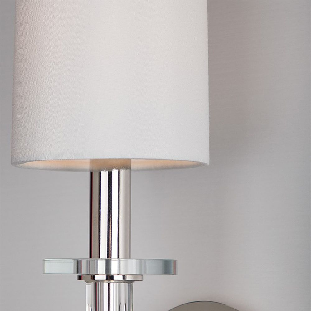 A sophisticated contemporary-style wall sconce in polished nickel with an off white shade