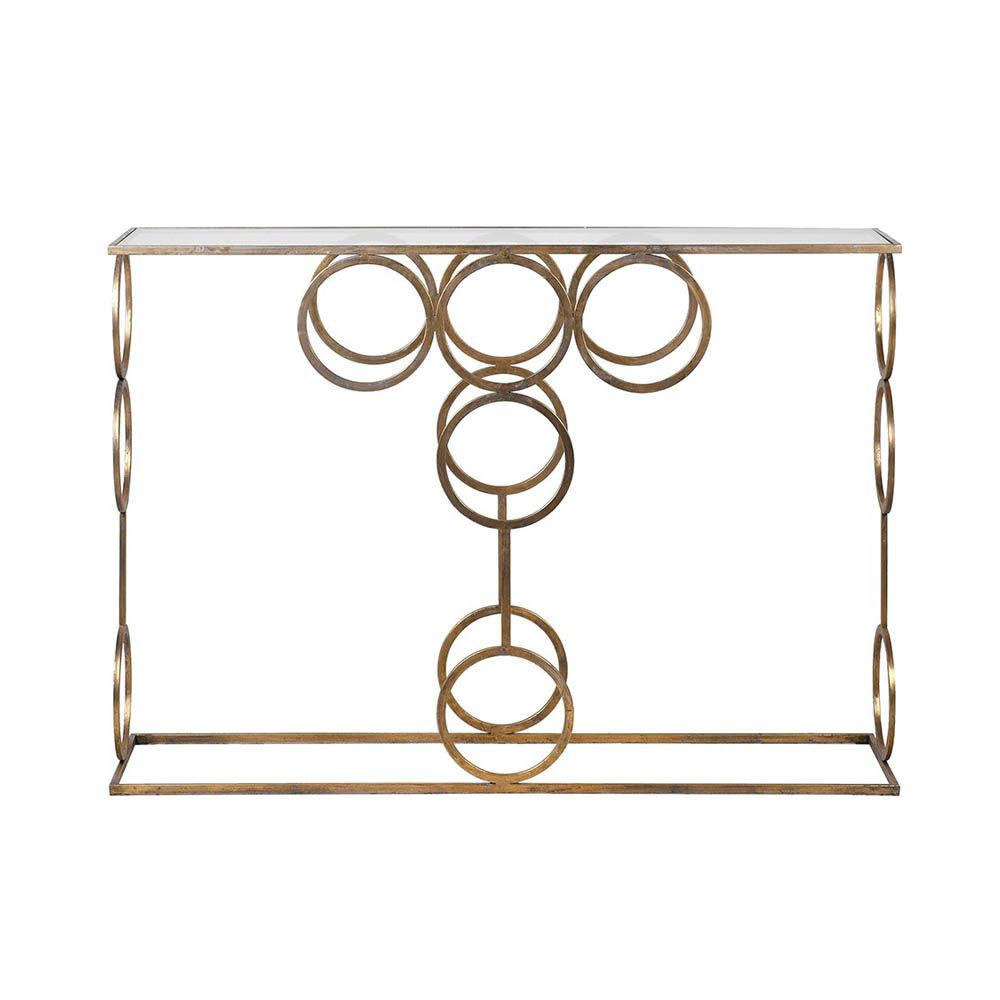 Cascading circle design console table with brass frame